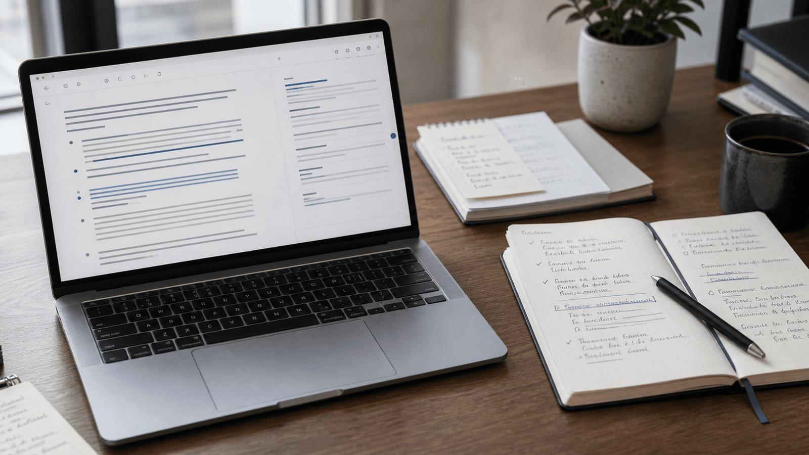 Split-screen Mac workflow with an inline draft, a calm notes pane, and a ghost-text thread carrying momentum across windows