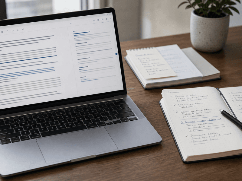 Split-screen Mac workflow with an inline draft, a calm notes pane, and a ghost-text thread carrying momentum across windows