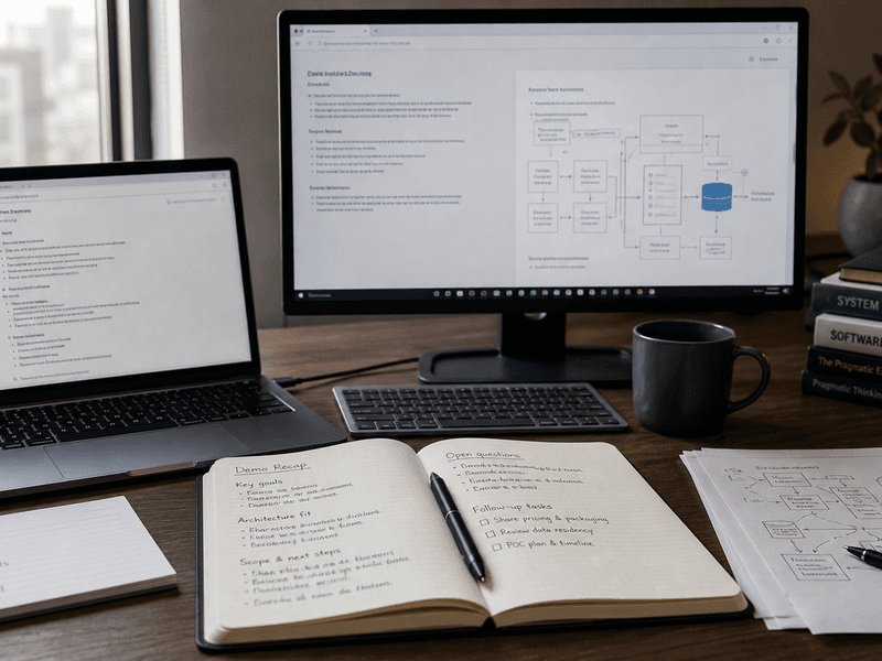 Dual-screen sales engineering workspace with a demo recap, Slack handoff, and follow-up email connected by subtle ghost text