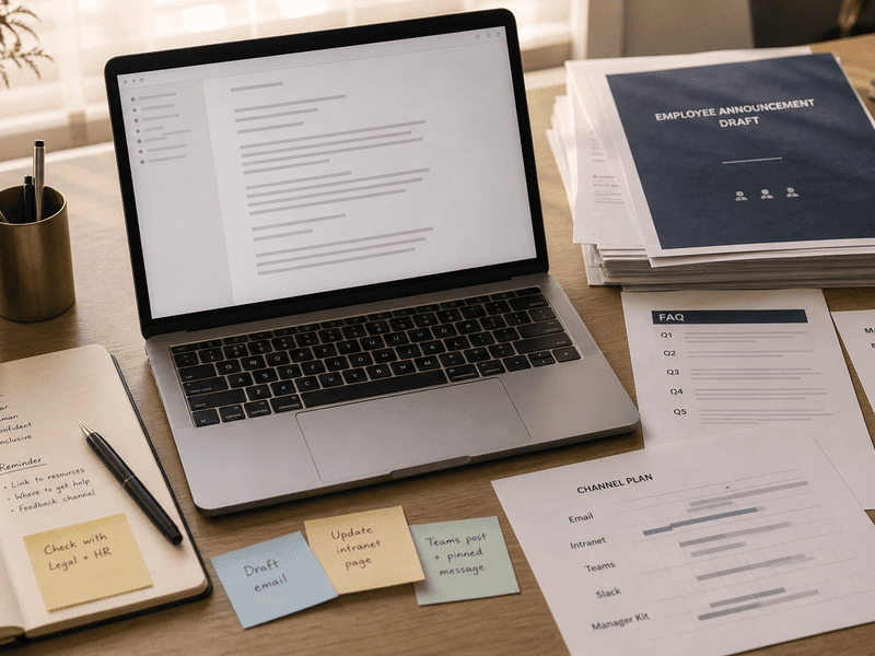 Warm internal comms workspace with an announcement draft, Slack clarification, and manager note connected by subtle ghost text