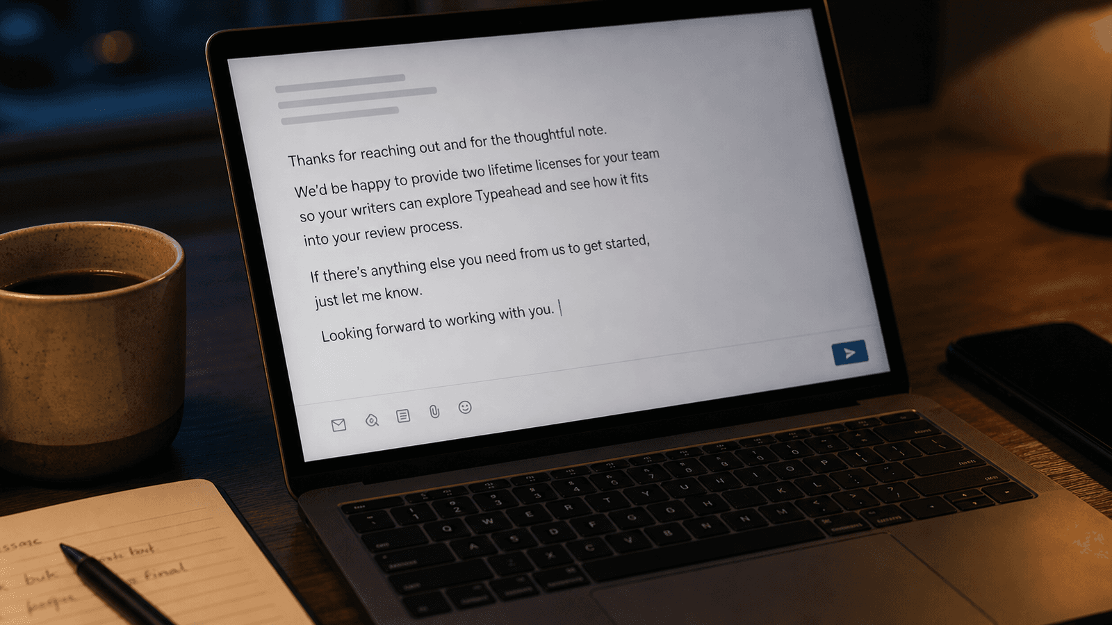 Quiet pre-send Mac desk with an email draft, Slack reply, and one line of ghost text settling into place