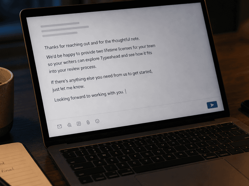 Quiet pre-send Mac desk with an email draft, Slack reply, and one line of ghost text settling into place