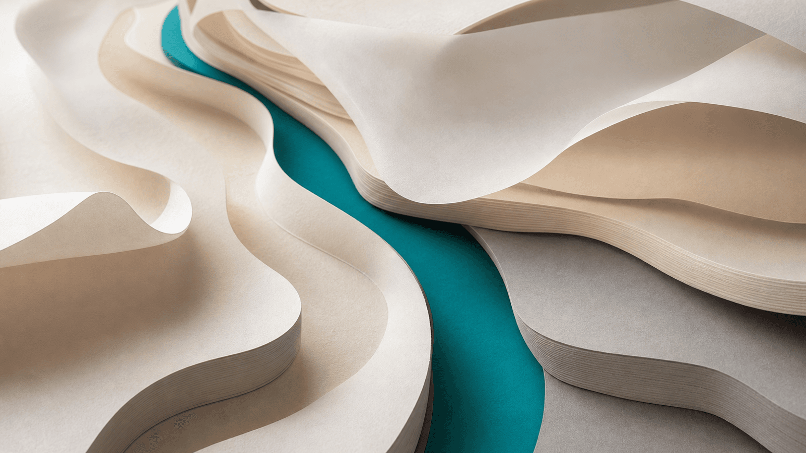 Abstract layered paper forms with one precise teal path carrying signal cleanly through warm neutral noise