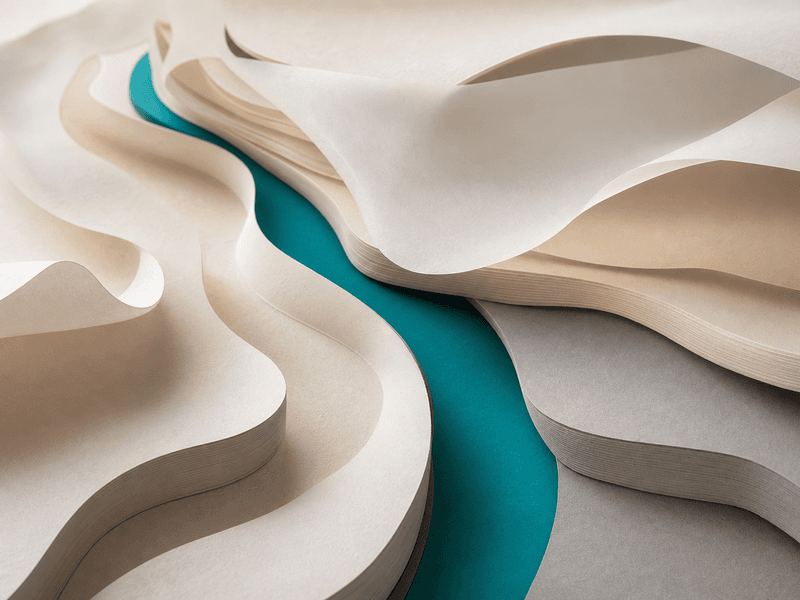 Abstract layered paper forms with one precise teal path carrying signal cleanly through warm neutral noise