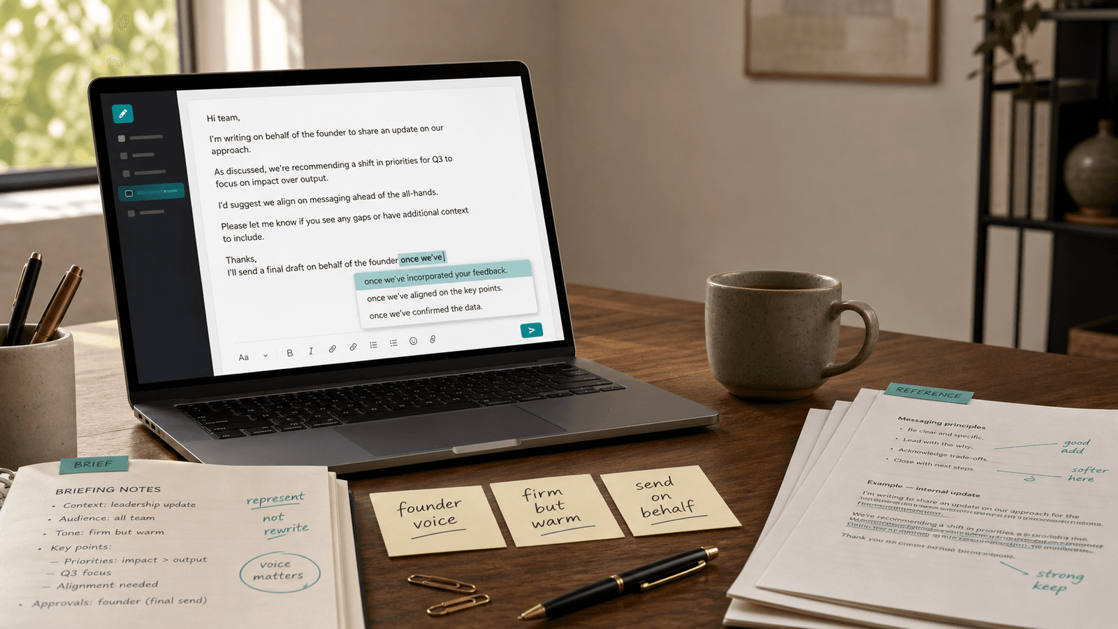 Warm editorial workspace showing a leader update being drafted with inline autocomplete, surrounded by tone notes, briefing cues, and marked-up reference pages