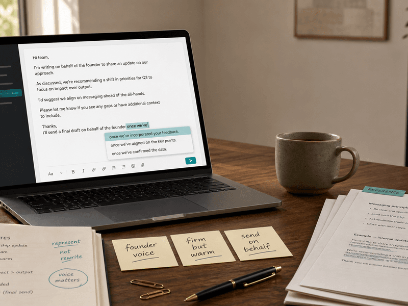 Warm editorial workspace showing a leader update being drafted with inline autocomplete, surrounded by tone notes, briefing cues, and marked-up reference pages