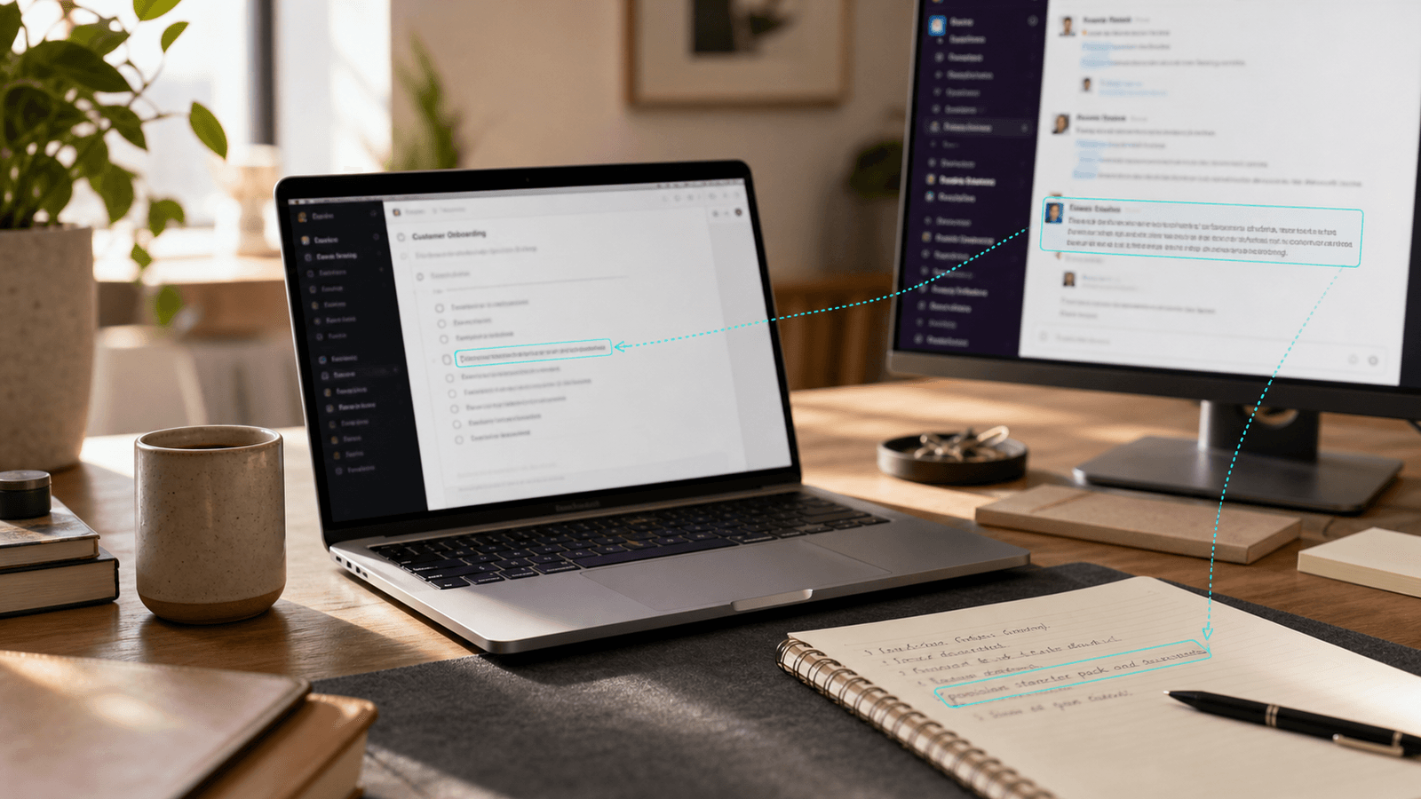 Warm implementation workspace showing project coordination materials and a precise follow-up being drafted