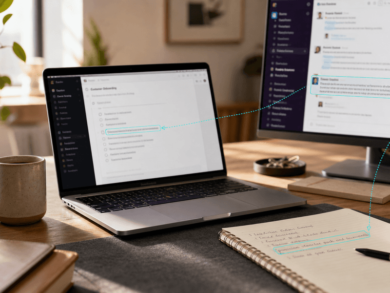 Warm implementation workspace showing project coordination materials and a precise follow-up being drafted