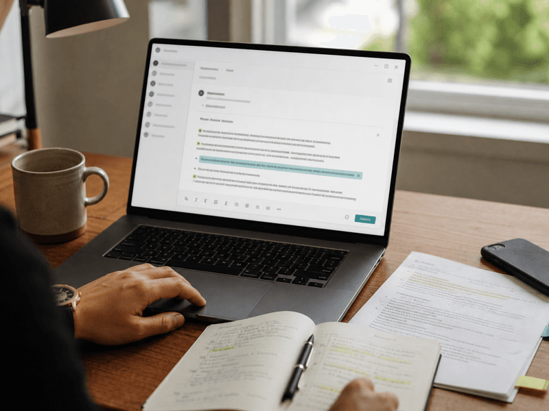 Editorial workspace showing a reusable work message being tightened with reference notes and policy-like context nearby