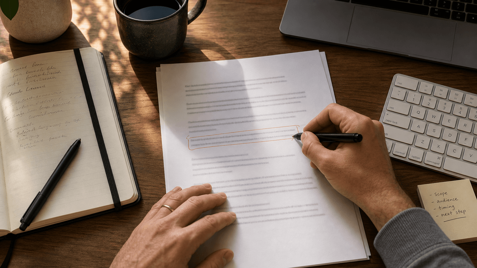 Hands revising a printed work message with one scope-setting sentence marked in red beside a Mac keyboard, notebook, and coffee on a wooden desk
