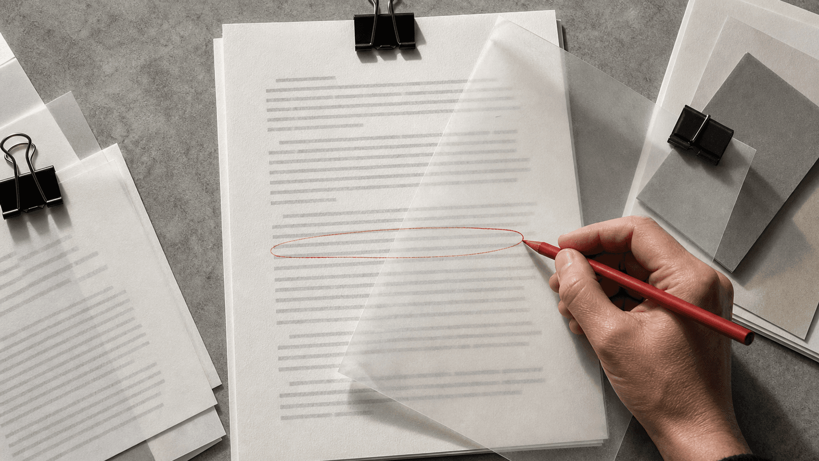 Printed draft with tracing overlay and red revision mark