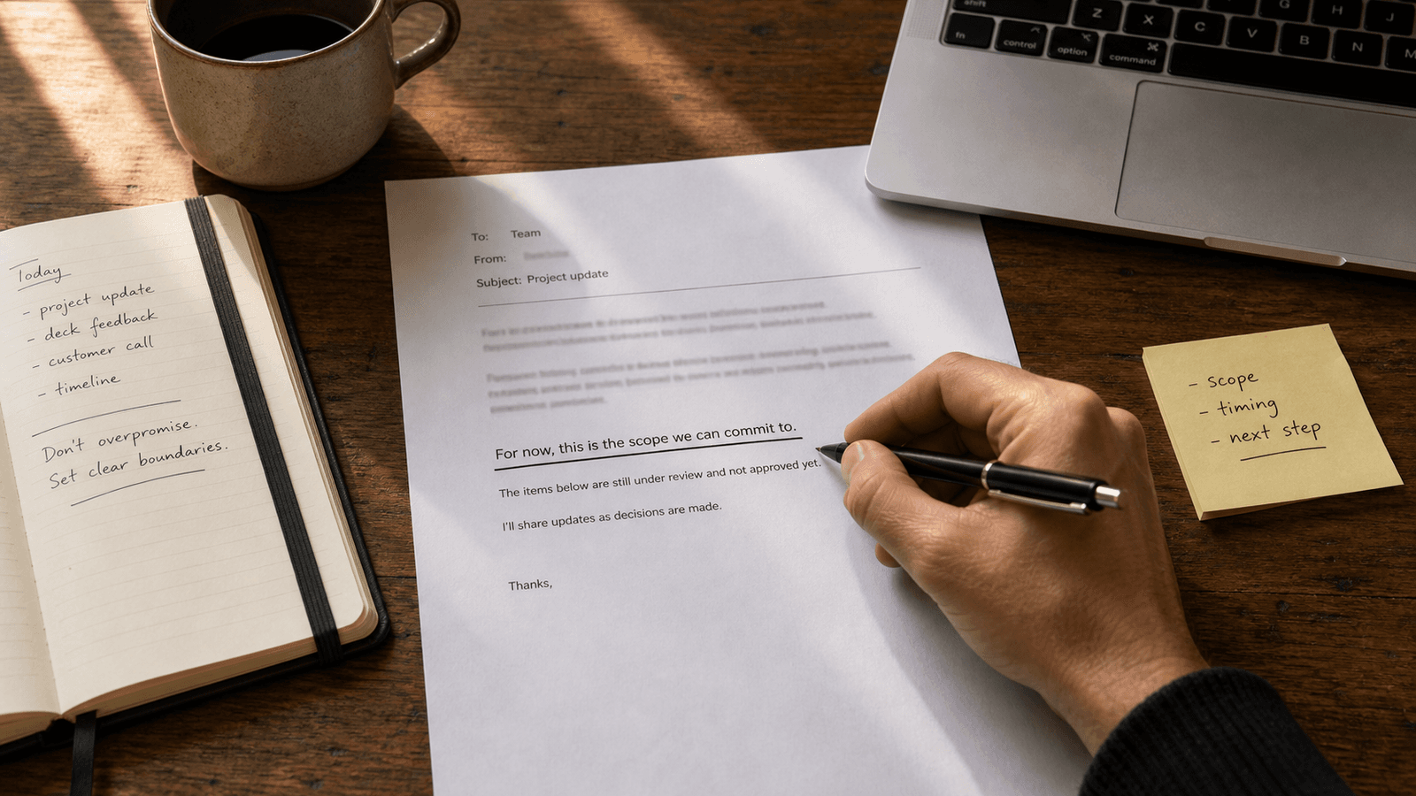 Printed project update with one underlined boundary sentence on a wooden desk