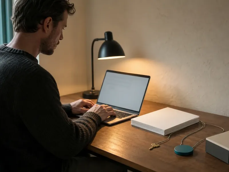 A writer types at a laptop beside a face-down stack of manuscript pages, with three thin cords leading to a brass key, a teal disc, and a sealed package on the desk.