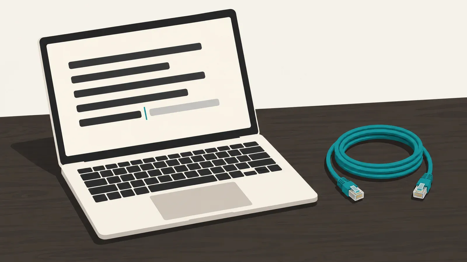 An open laptop on a dark wooden desk displays dark text bars and a pale gray continuation beside a teal cursor, with a coiled teal network cable and both unplugged connectors beside it.
