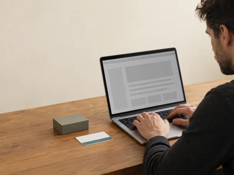 A knowledge worker types on a silver laptop at a wooden desk beside a blank name badge and a small index-card box while gray placeholder blocks fill the screen.