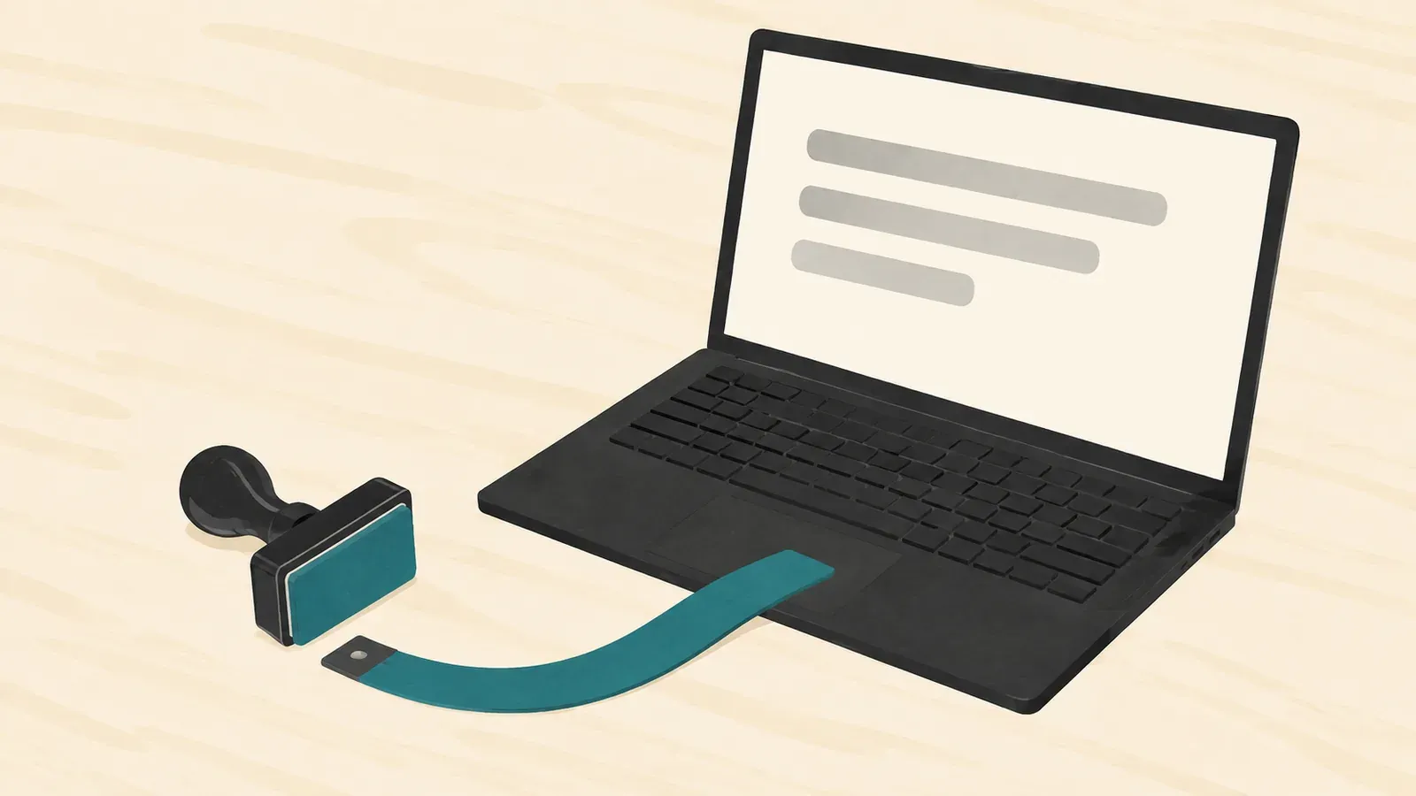 An open charcoal laptop sits on a cream wooden desk beside a rubber address stamp and a curved teal measuring tape.