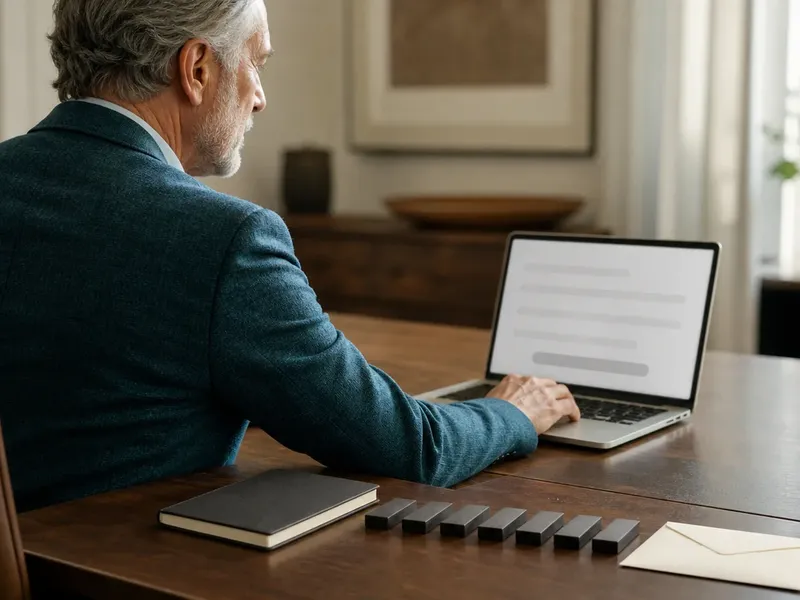 A senior executive works at a laptop in a warm office while a short row of black dominoes connects a closed notebook to a blank envelope on the desk.