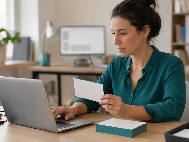 A customer-support agent types on a laptop at a tidy desk while holding a blank card beside stacked cards and a headset.