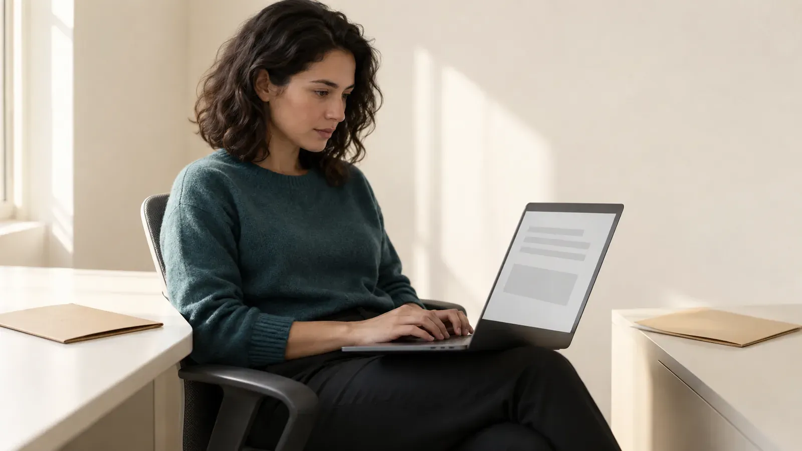 A researcher in a teal sweater works on a laptop with gray placeholder blocks while two closed paper folders rest on opposite sides.