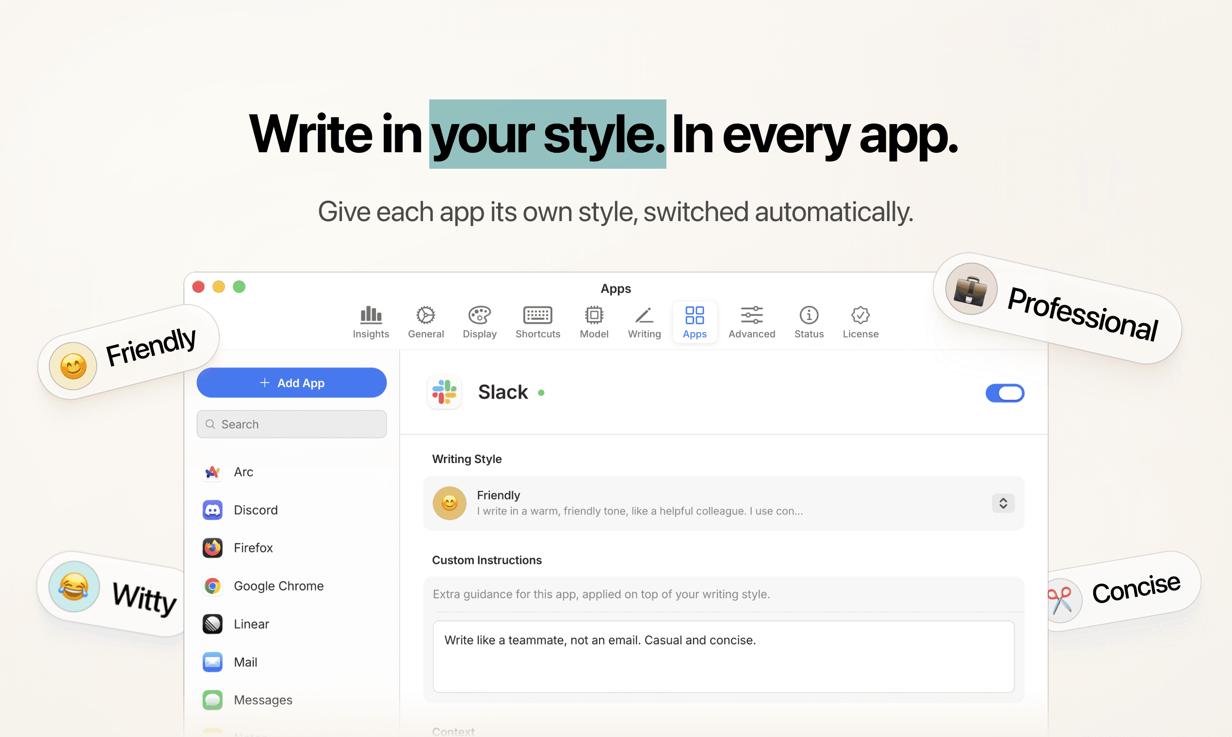 Per-app writing styles