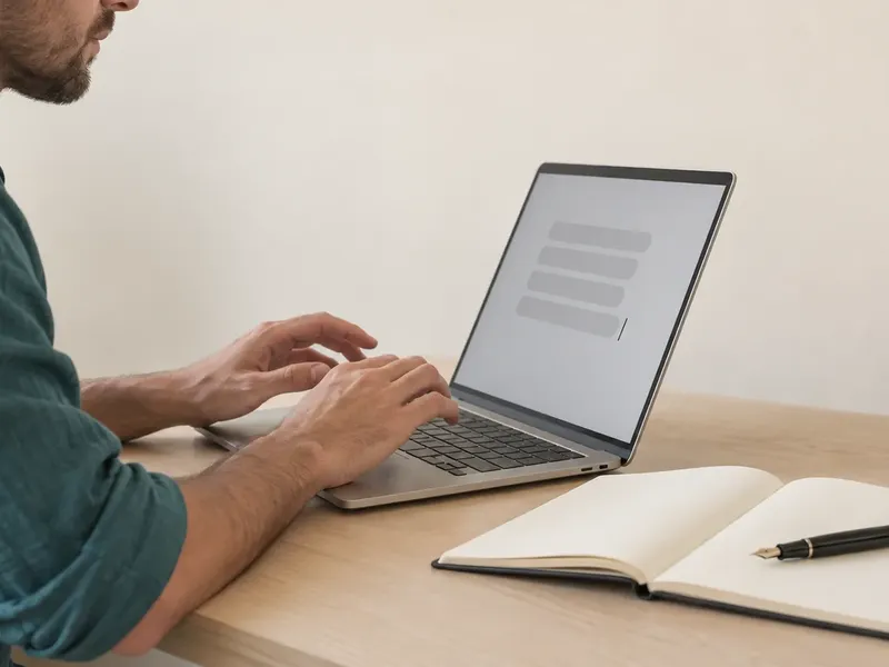 A writer pauses with both hands above a laptop keyboard beside an open blank notebook and fountain pen in a warm home office.