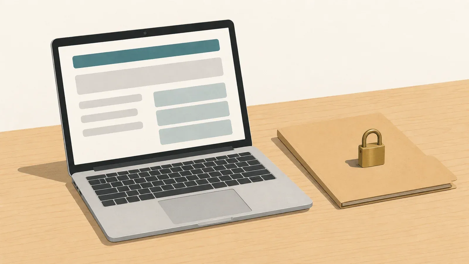 An open laptop displaying abstract placeholder bars sits on a wooden desk beside a closed paper folder topped with a small brass padlock.