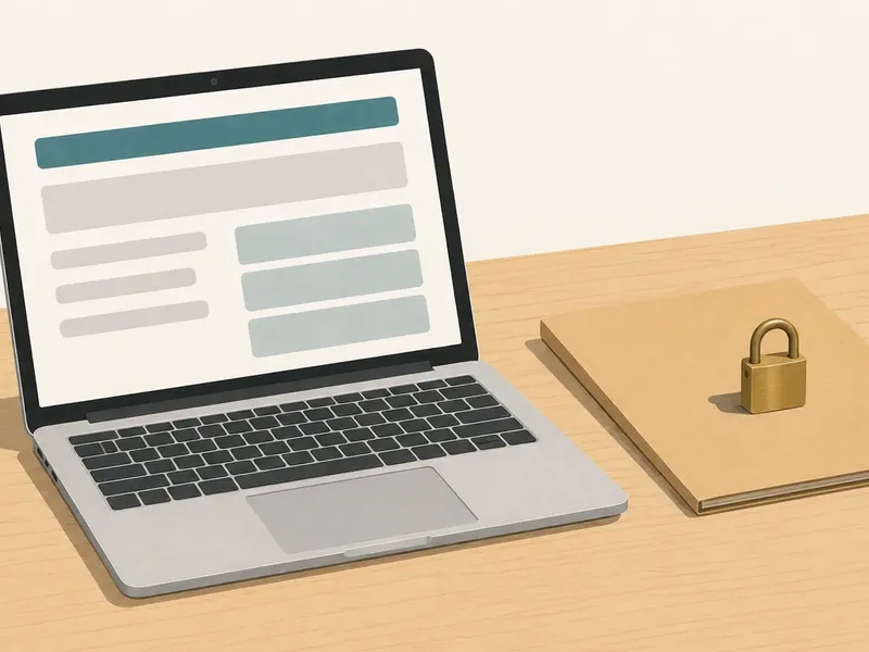 An open laptop displaying abstract placeholder bars sits on a wooden desk beside a closed paper folder topped with a small brass padlock.
