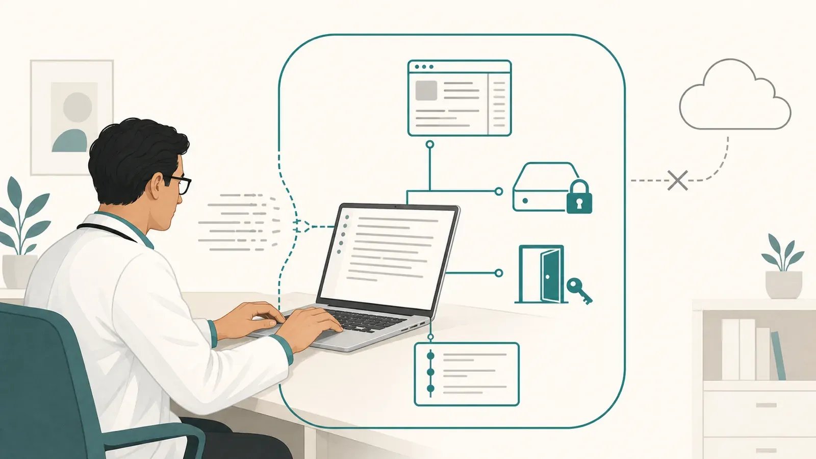 A physician types on a laptop inside a teal local-processing boundary connected to an electronic record, an encrypted backup, access control, and an audit trail, while a disconnected cloud sits outside.