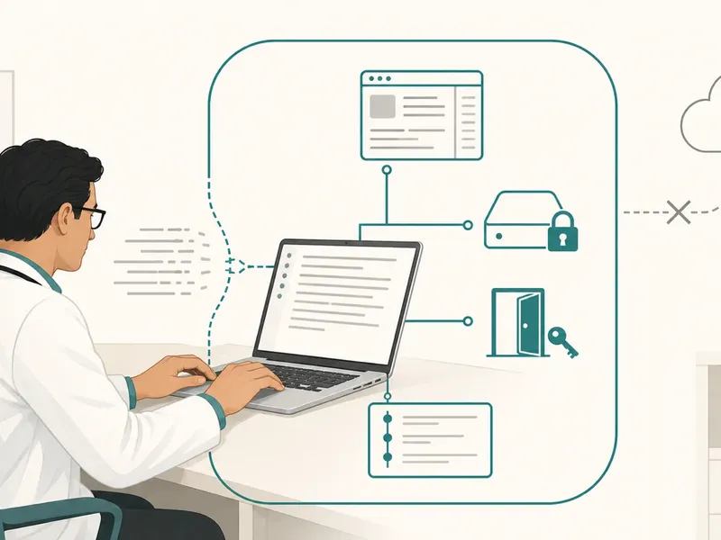 A physician types on a laptop inside a teal local-processing boundary connected to an electronic record, an encrypted backup, access control, and an audit trail, while a disconnected cloud sits outside.