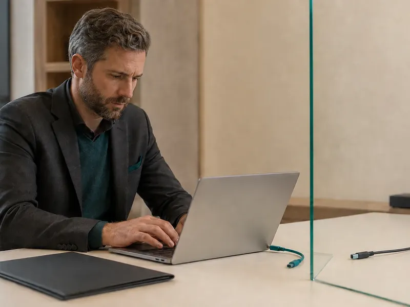 A focused lawyer works at a cream desk beside a closed charcoal folder while a glass divider separates a short cable plugged into the laptop from another cable leading to a small router.