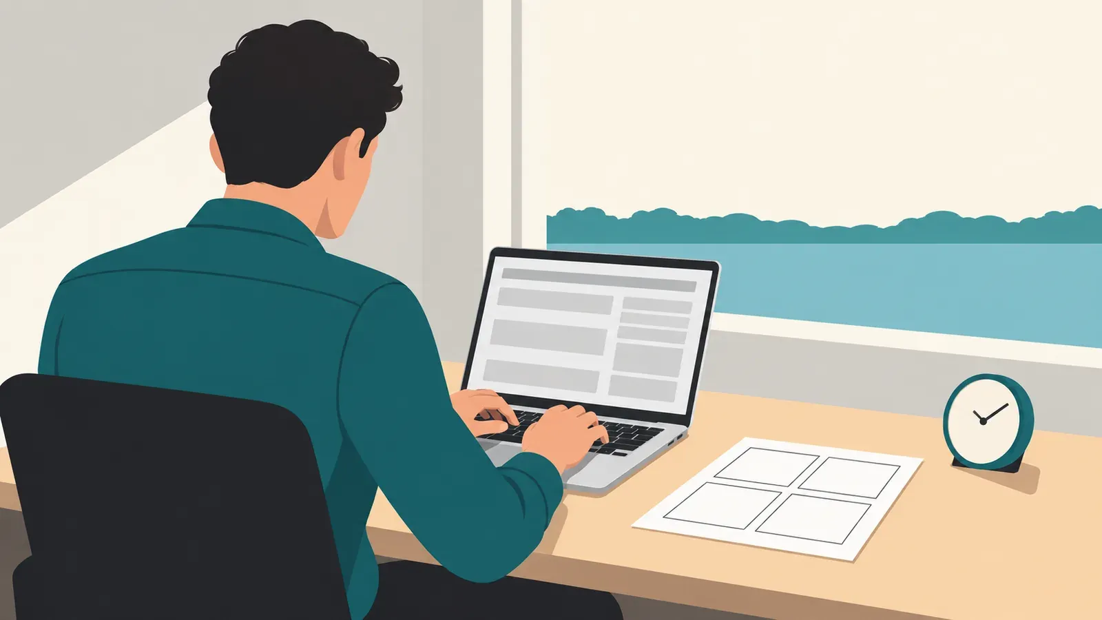 A salesperson seen from behind types on a laptop beside a four-section sheet of paper and a small clock at a desk by a bright window.