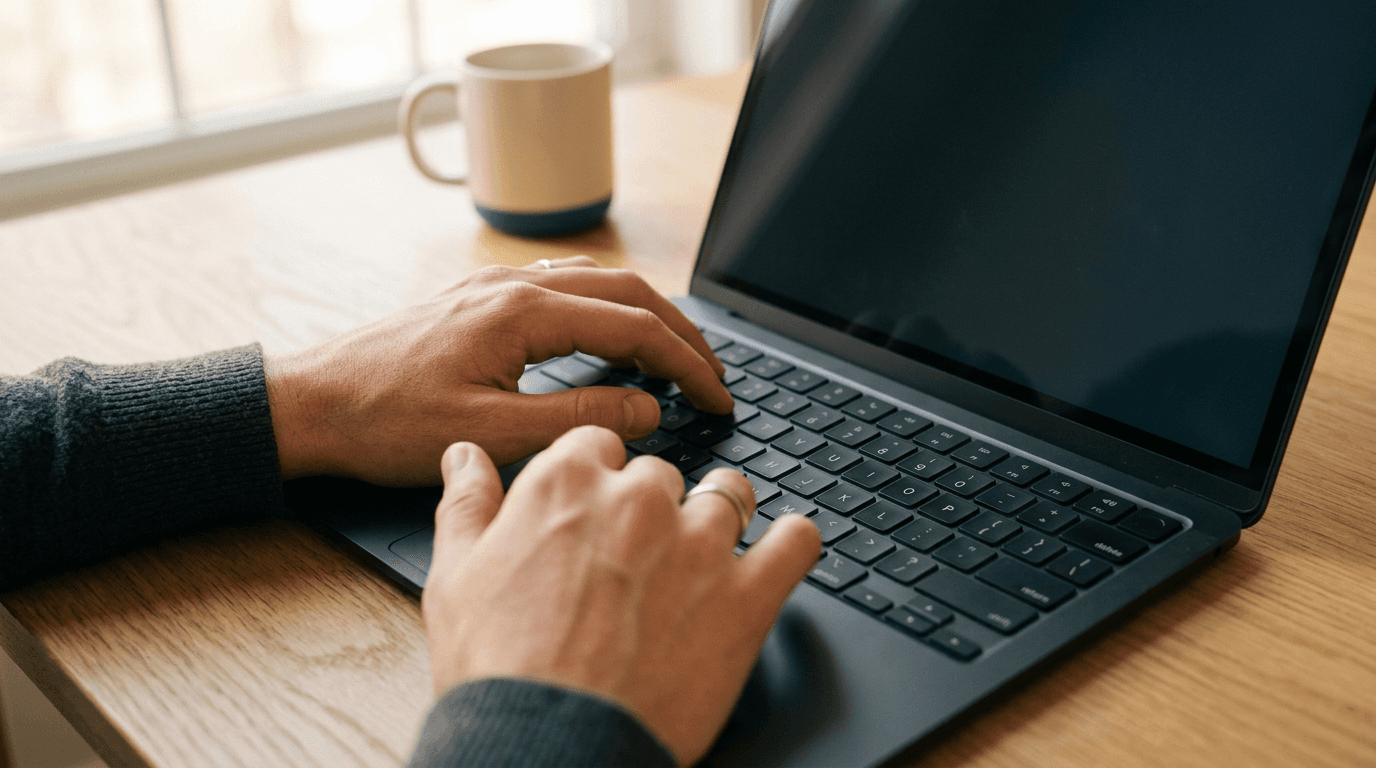Close-up of hands typing on a MacBook keyboard in warm natural light