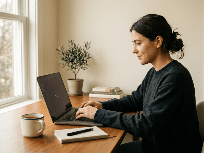 Person writing on a laptop at a minimal desk, focused and in flow