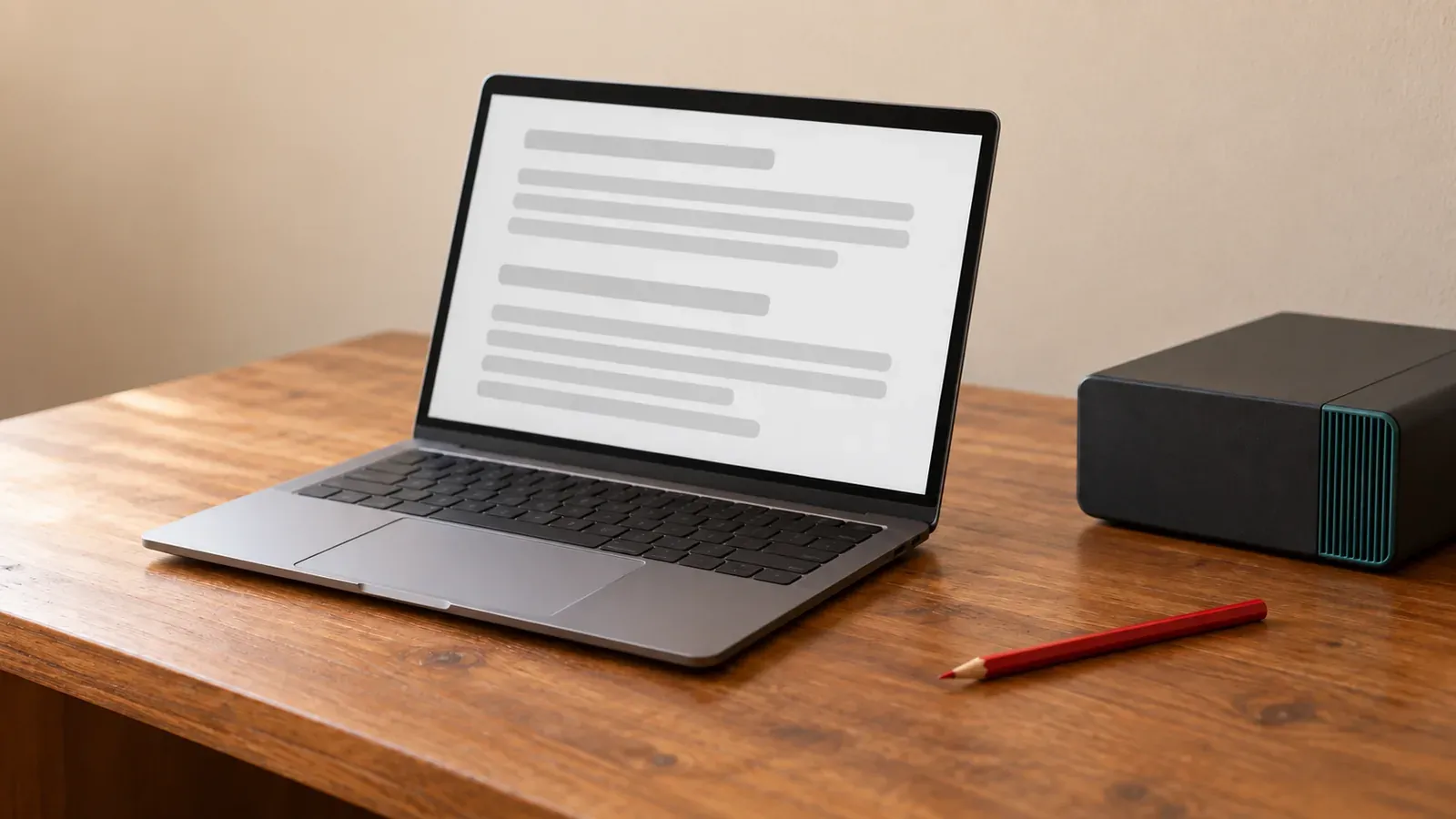 An open laptop showing gray placeholder bars sits on a wooden desk beside a red pencil and a compact charcoal desktop computer.