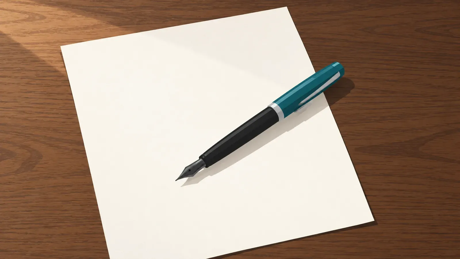 A teal-capped fountain pen lies diagonally across a blank cream sheet of paper on a wooden desk.