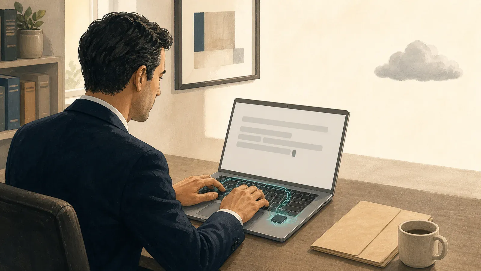A lawyer in a navy suit types on an unbranded laptop at a tidy desk while a teal circuit loop stays around the keyboard and a gray cloud floats apart in the background.