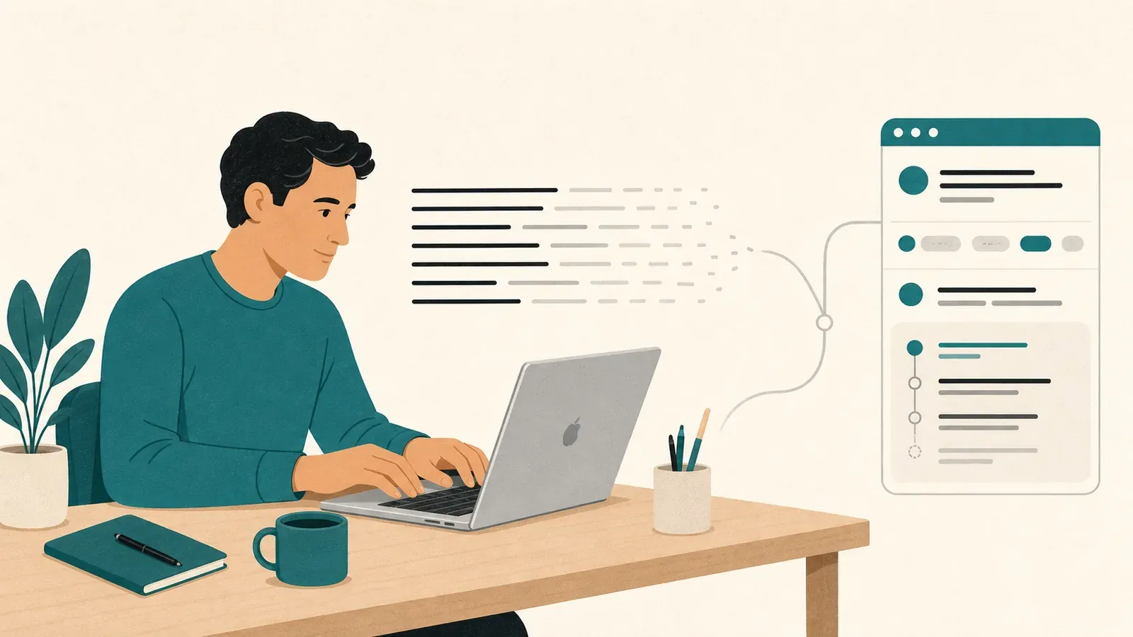 A person in a teal sweater types on a silver laptop beside lines of fading text and a faint branching path leading to a separate chat window.