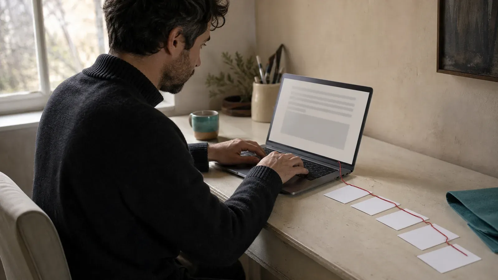 A writer in a dark sweater types at a laptop beside a row of blank index cards joined by red thread on a sunlit cream desk.