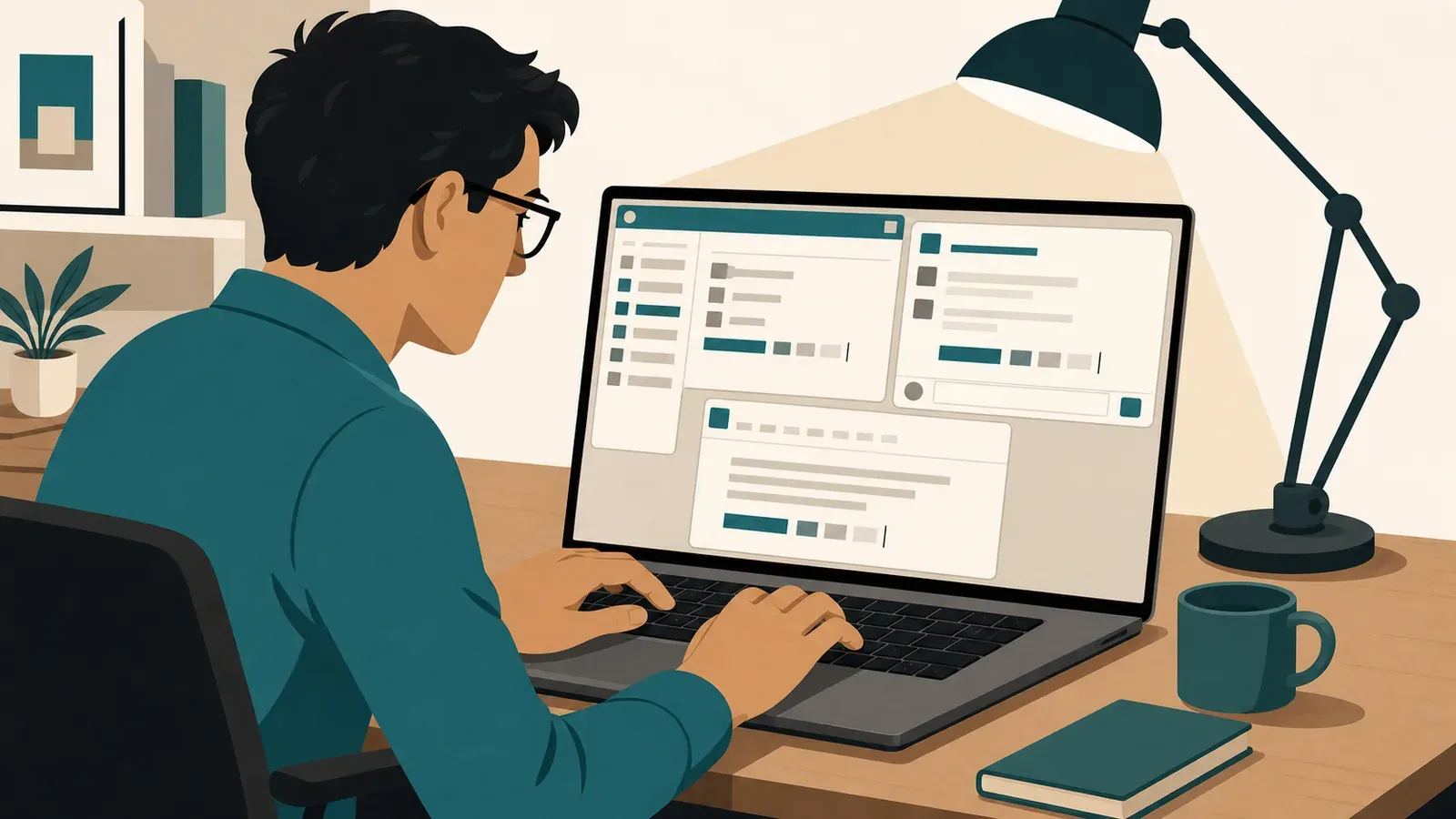 A person types at a desk while one lamp illuminates three overlapping application windows on a laptop, each showing the same row of ghost placeholder blocks beside a cursor.