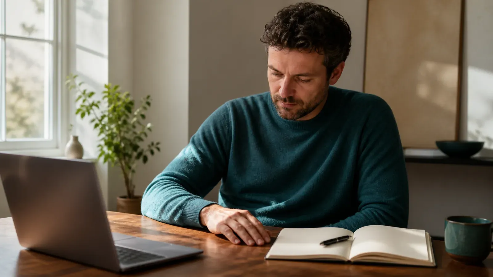 A writer sits at a sunlit wooden desk with a blurred laptop on one side and an open blank notebook and pen on the other.