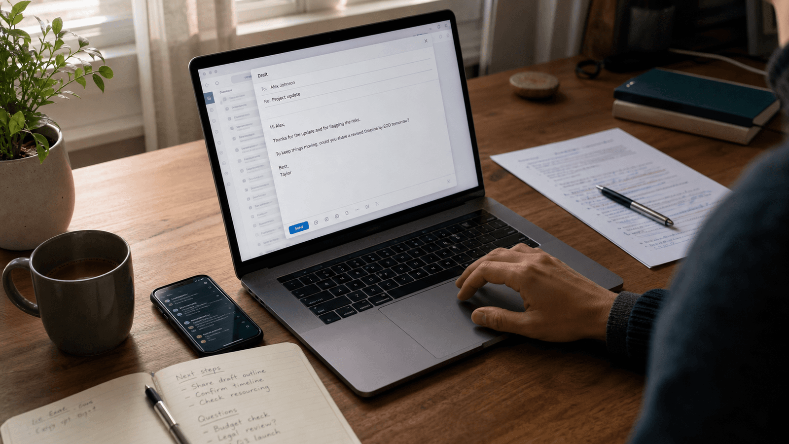 Mac follow-up draft beside a phone, notebook, and printed markup on a desk
