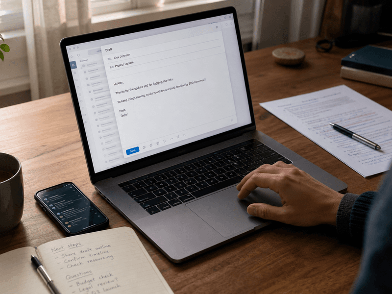 Mac follow-up draft beside a phone, notebook, and printed markup on a desk