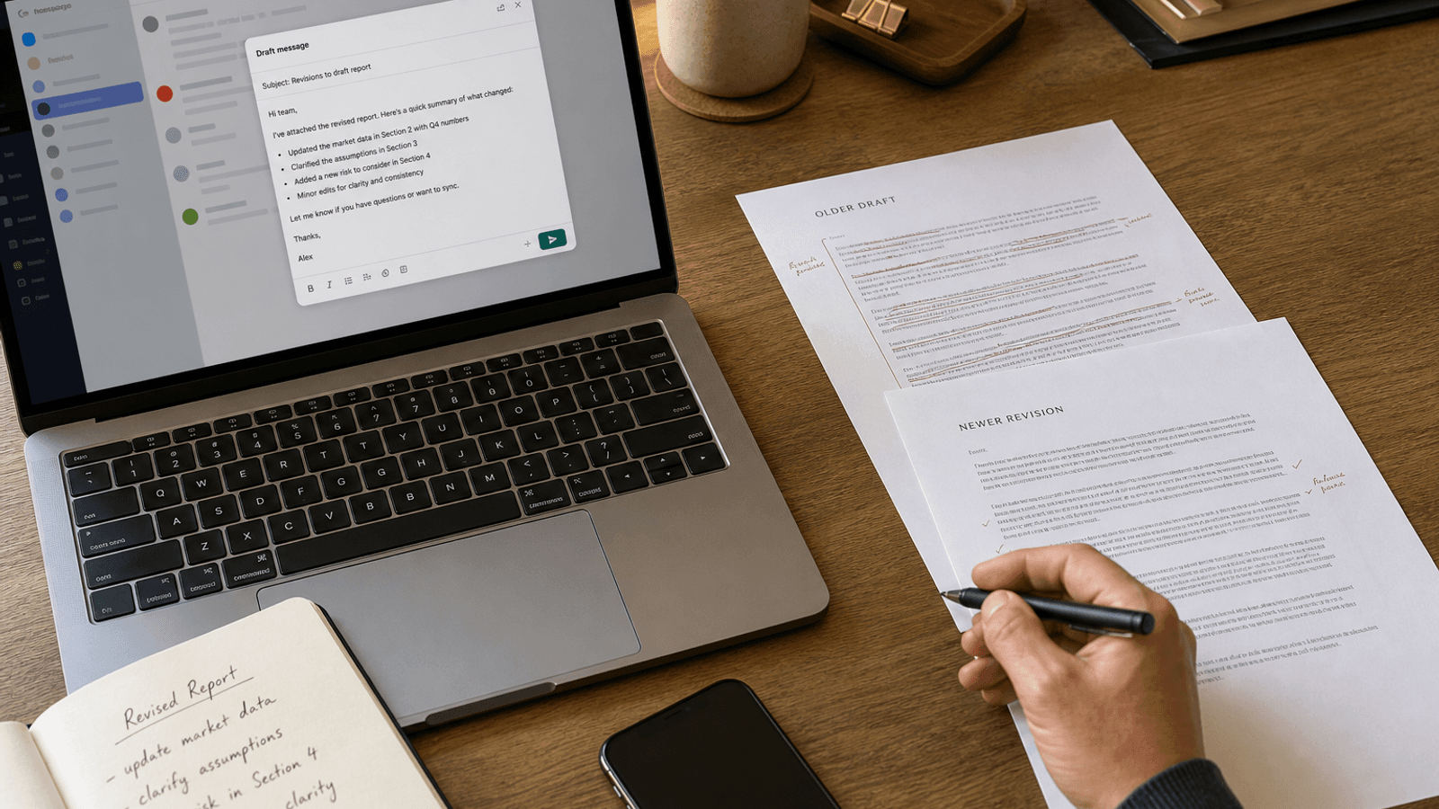 A person marking a newer document revision beside an older redlined draft and a Mac showing a concise summary of what changed