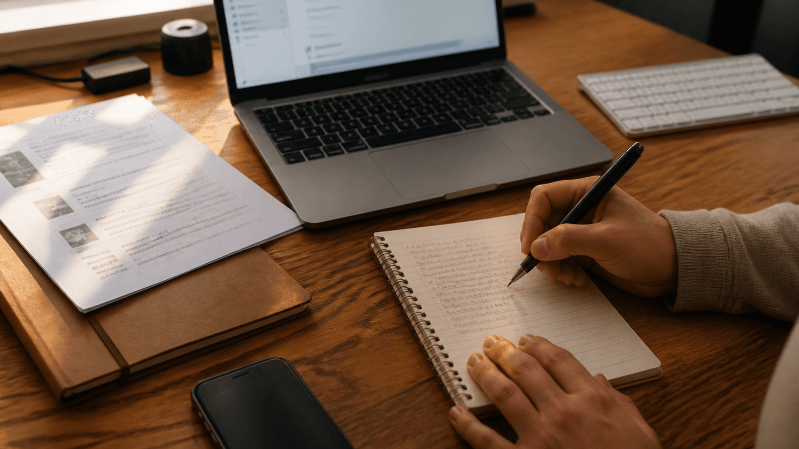 A person writing in a spiral notebook beside a Mac, printed project notes, a phone, and a keyboard on a warm wooden desk