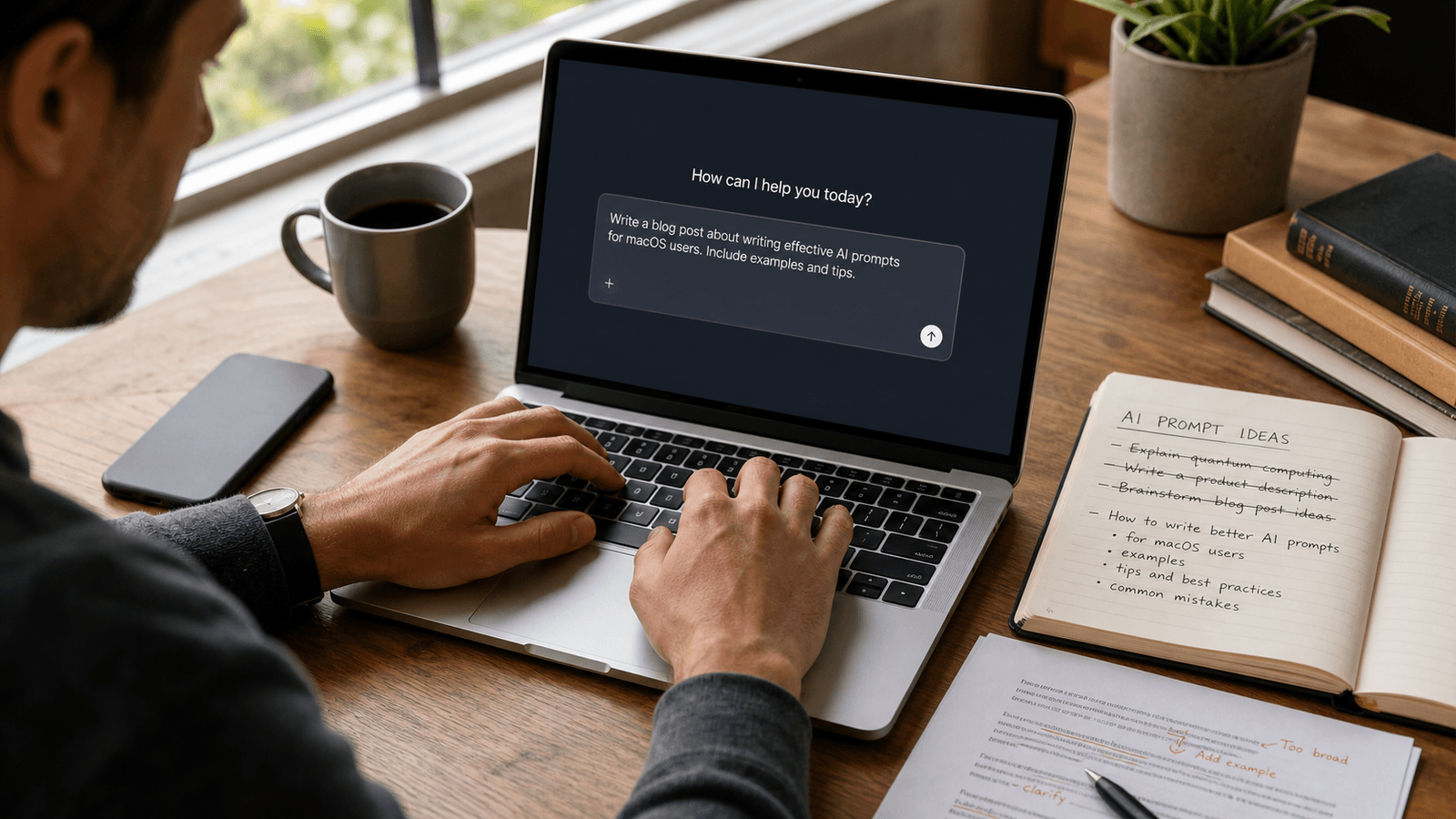A person writes an AI prompt on a MacBook beside a notebook of prompt ideas and a marked-up page