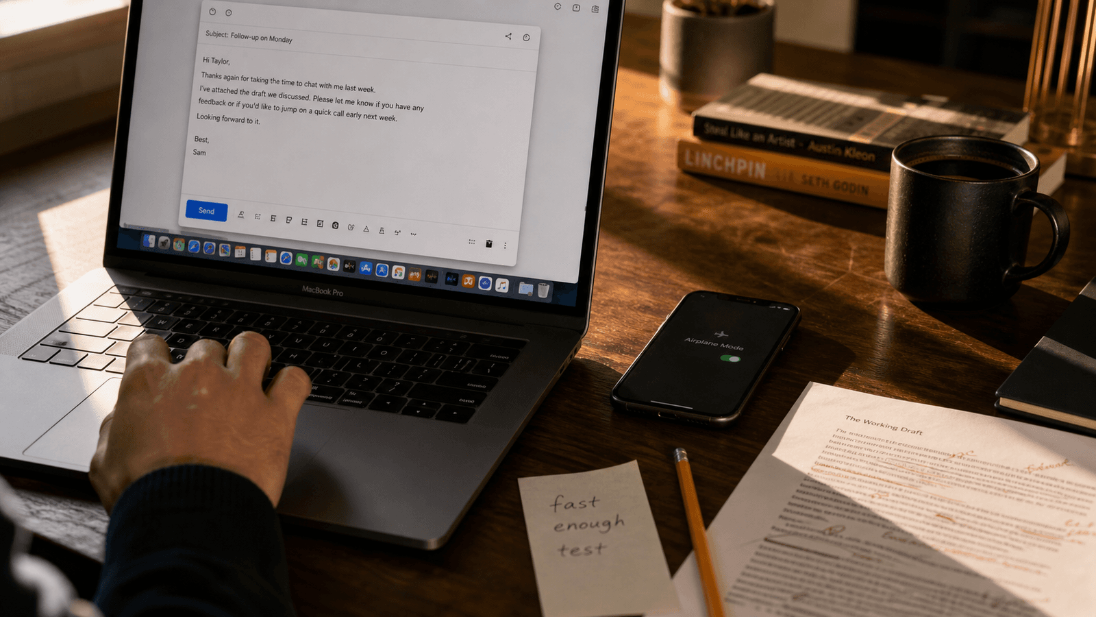 A late-afternoon Mac writing desk with an email draft, a phone in airplane mode, handwritten speed-test notes, and a marked-up printed page