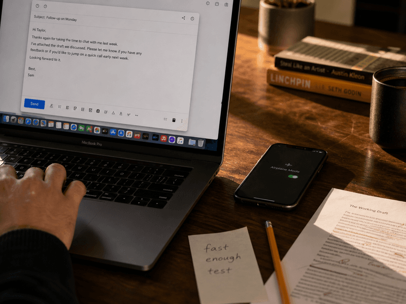 A late-afternoon Mac writing desk with an email draft, a phone in airplane mode, handwritten speed-test notes, and a marked-up printed page