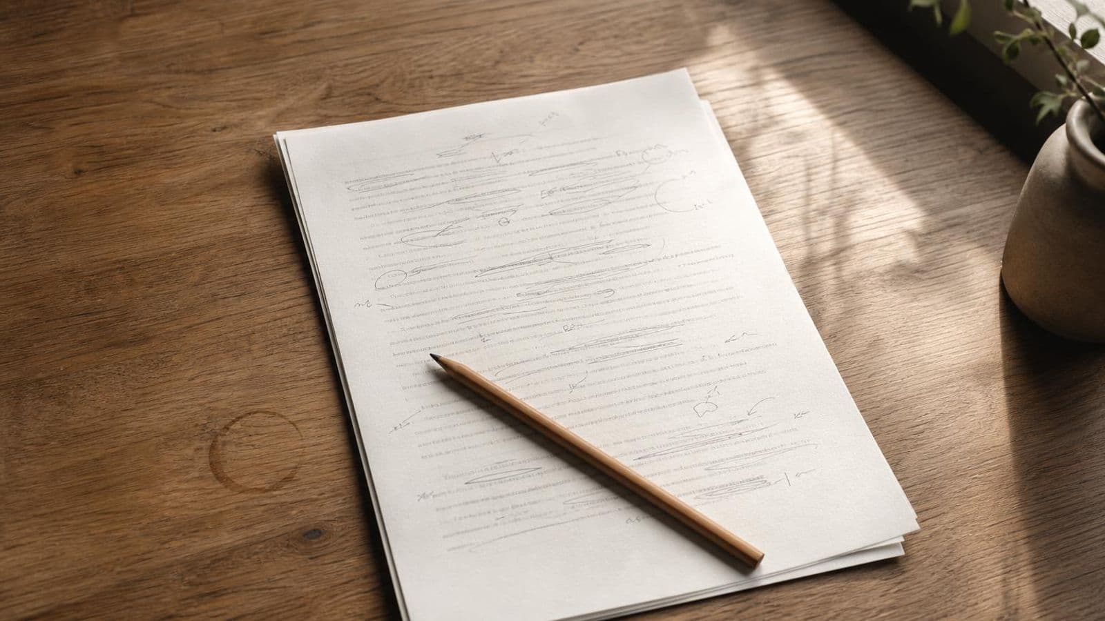 Warm editorial desk with a manuscript page marked in pencil and a wooden pencil laid across it for the Typeahead writers post hero
