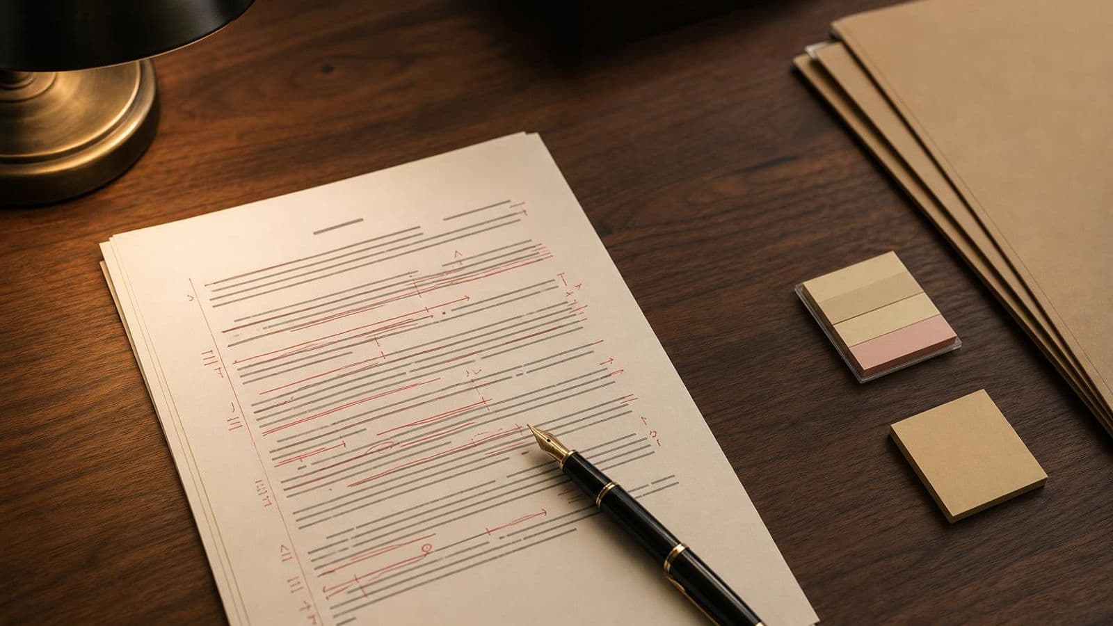 Printed contract with redline edits on a warm desk beside a fountain pen