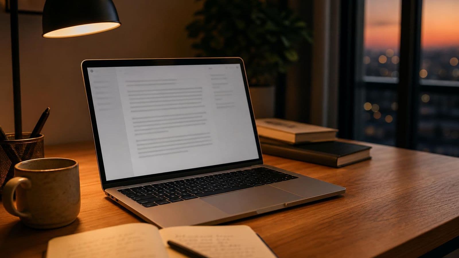 Warm wooden desk with a MacBook open to a writing setup